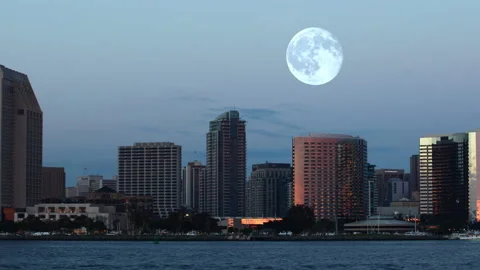 Pan of full moon rising over San Diego, California, United States, exclusive  Stock Footage 171417979