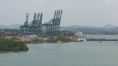 Pan-Gantry container cranes at entry to Panama Canal Video stock 108048676