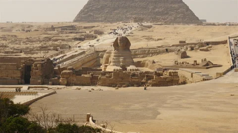 Pan Up -  Great Pyramids &amp; Sphinx Daytime at Giza - Egypt Stock Footage 63207789