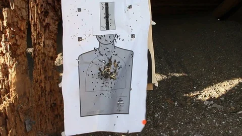 Pan from gun target down to its mess Stock Footage 113910487
