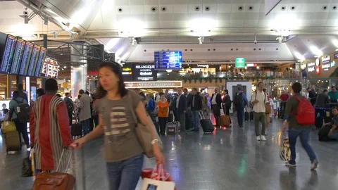 Pan from Hall towards Control Check in Ataturk Airport Stock Footage 79177588