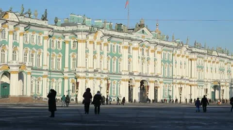 PAN: Hermitage Museum in winter, St. Petersburg, Russia Stock Footage 10730006