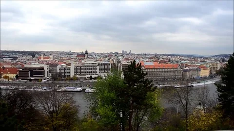 Pan of High City View and Vltava River from Letna Park in Prague, Czech Republic Stock Footage 77839648