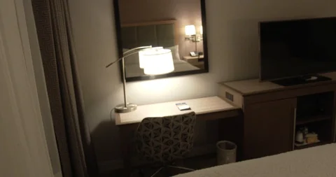Pan of Hotel Room - Empty Room - Desk and Television Stock Footage 117178901