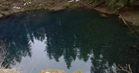 Pan of Ice cold blue pool in the forest Stock Footage 220908180