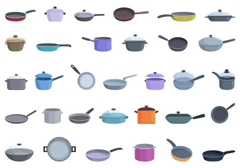 Pan icons set cartoon vector. Saucepan pot Illustrazione stock