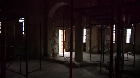 Pan Interior scaffolding,construction of newly built orthodox church Stock Footage 43267458
