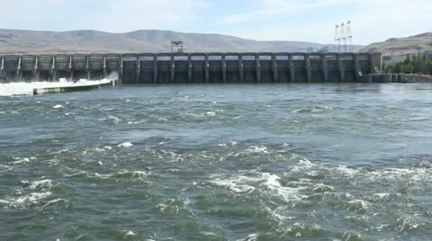 Pan of the John Day dam on the Columbia River Stock Footage 11317853