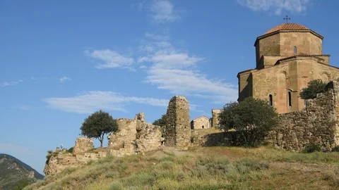 Pan to Jvari Monastery, a 6th century Georgian Orthodox monastery near Mtskhe Stock Footage 104620610