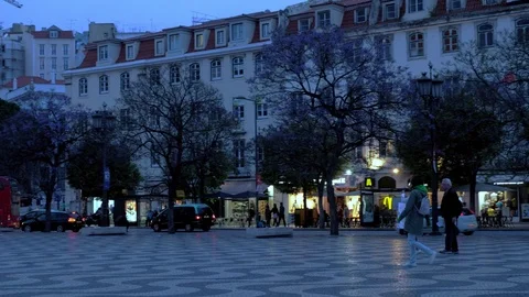 Pan at King Pedro IV Square with National Theatre as people passing by Stock Footage 115315765