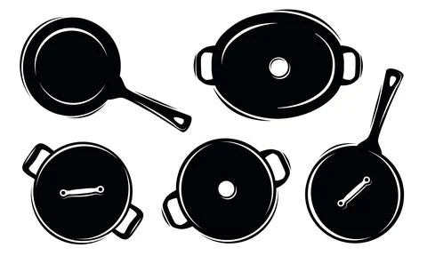 Pan Kitchen Pot Cookware Silhouettes Set Vector Illustration Isolated on Whit Stock Illustration