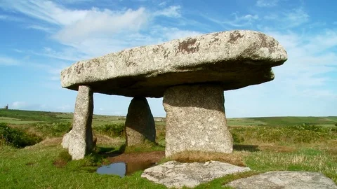 Pan to Lanyon Quoit neolithic dolmen, Morvah, Cornwall, England Stock Footage 74596514