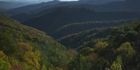 Pan up of layers of Blue Ridge Mountains ranges  Stock Footage 103401576