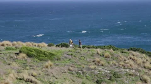 Pan left of 2 males walking with ocean in background Green Cape NSW Australia 動画素材 11181395