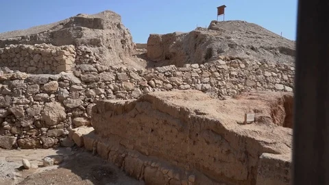 Pan left ancient ruins in a desert sandy background Stock Footage 125206773