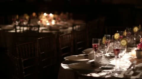 Pan left and right of fancy table set for banquet Video stock 11137482