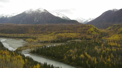 Pan Left, Autumn Forest, River, Distant Mountains Stock Footage 38104504