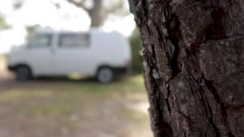 Pan to left camera movement to a  small white VW van in the woods. Stock Footage 139456256