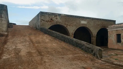 Pan left cannon artillery deck ramp - Fort San Geronimo, Puerto Rico Stock Footage 98169078