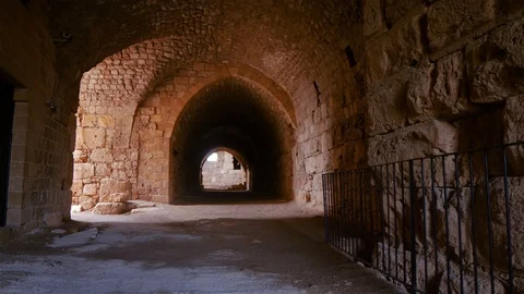 Pan left on corridors inside Byblos Castle, Lebanon Stock Footage 119134369