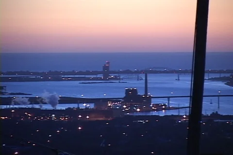 Pan left of Duluth Harbor elevated view dusk Stock Footage 124672883