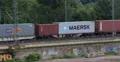 Pan Left Follow Shot Container Cargo Maersk Shipping Freight Train Passing Day 4k or 4k+ Resolution