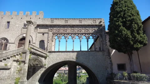 Pan left of the gothic Papal Palace in Viterbo, Lazio Stock Footage 152896799