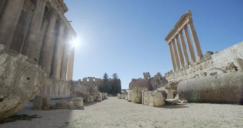 Pan left from Jupiter Temple to Bacchus Temple, Baalbek, Lebanon Stock Footage 119002647