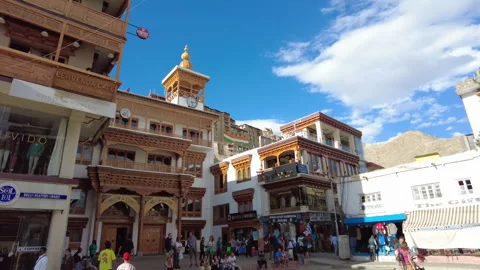 Pan left from Main Bazaar Rd. to The Jamia Masjid, Leh Ladakh. Stock Footage 257097458