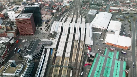 Pan Left over Train Station Reading UK Stock Footage 313299972