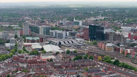 Pan left Reading Station higher Aerial shot Berkshire Stock-Footage 336336137