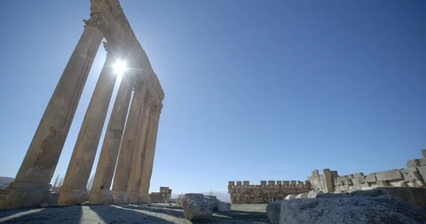 Pan left on remaining columns of Temple of Jupiter, Baalbek, Lebanon Stock-Footage 118999266