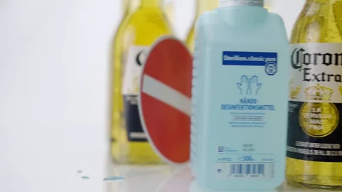 Pan From Left To Right Corona Beer Disinfect Sanitizer Stock Footage 126156459