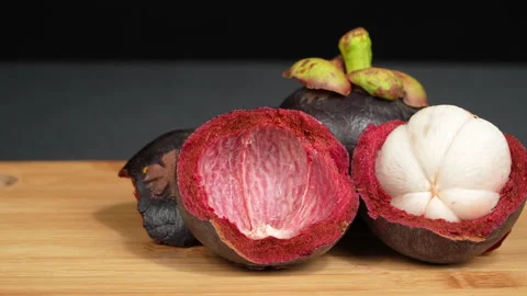 Pan Left To Right Fresh Opened Mangosteen Fruit White Flesh Stock Footage 336228176