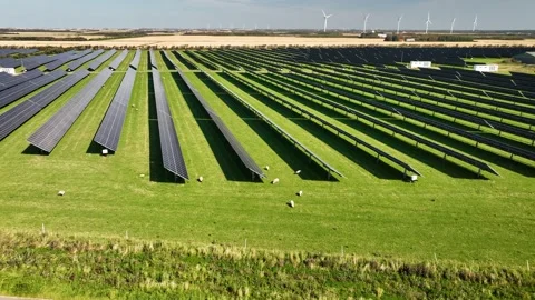 Pan from left to right over a ground-mounted solar park. Stock Footage 283744817