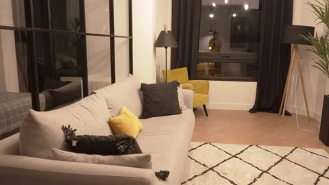 Pan Left to Right shot of Modern Living Room And Bedroom Stock Footage 153313016