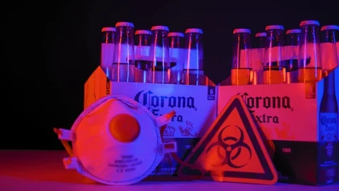 Pan From Left To Right Sixpack Corona Biohazard Face Mask Stock Footage 126404202
