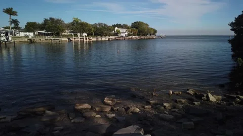 Pan left to right View from Bay Vista Park boat cove over green grass, Boat dock Stock Footage 265717382