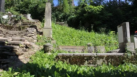 Pan left-right view of the graves from the old Evangelical Saxon cemetery. Stock Footage 97596588