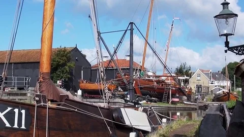 Pan to the left in shipyard harbor of Botters Stock Footage 85022325