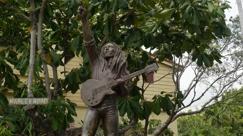 Pan left shot of Bob Marley statue in Jamaica Stock Footage 95489442