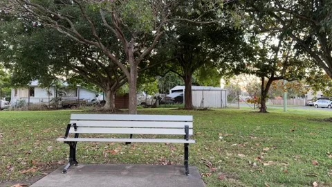 Pan Left Shot of a Park Bench in a Quiet Suburban Park Stock Footage 339166824