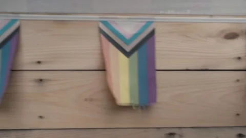 Pan Left of small Pride flags on wooden deck Greenpoint Brooklyn NYC 4k Vídeos de archivo 255754461