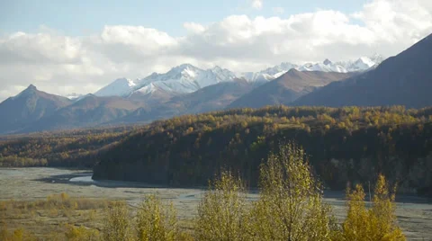 Pan Left, Snow-capped Mountains, Autumn Trees, Bluff 2 Stock Footage 38107261