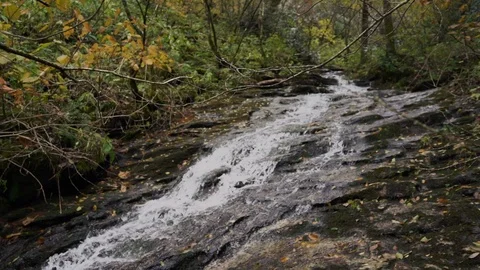 Pan Left Tilt Down Natural Waterfalls on Mountain Side in Fall Stock Footage 96720740