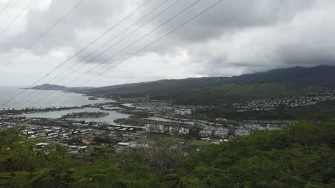 Pan Left on Top of Koko Head on Overcast Day Stock Footage 155363944