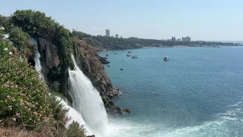 Pan From Lower Duden Waterfall Across Mediterranean Sea and Boats Stock Footage 344038189