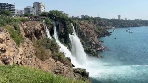 Pan From Lower Duden Waterfall Toward Antalya Coastline and Mediterranean Sea Stock Footage 344038194