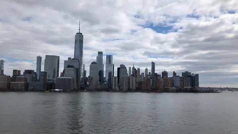 Pan of Manhattan Skyline, Cloudy Day Stock Footage 87147555