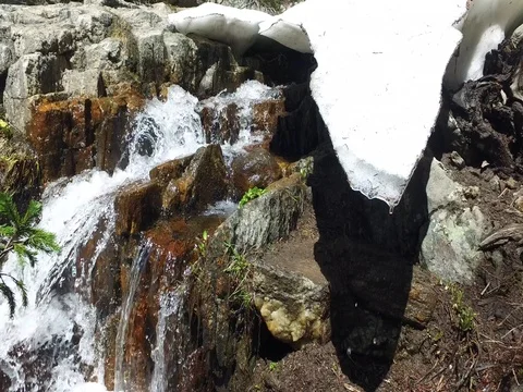 Pan of Melting Snow at a Waterfall Stock Footage 77013884